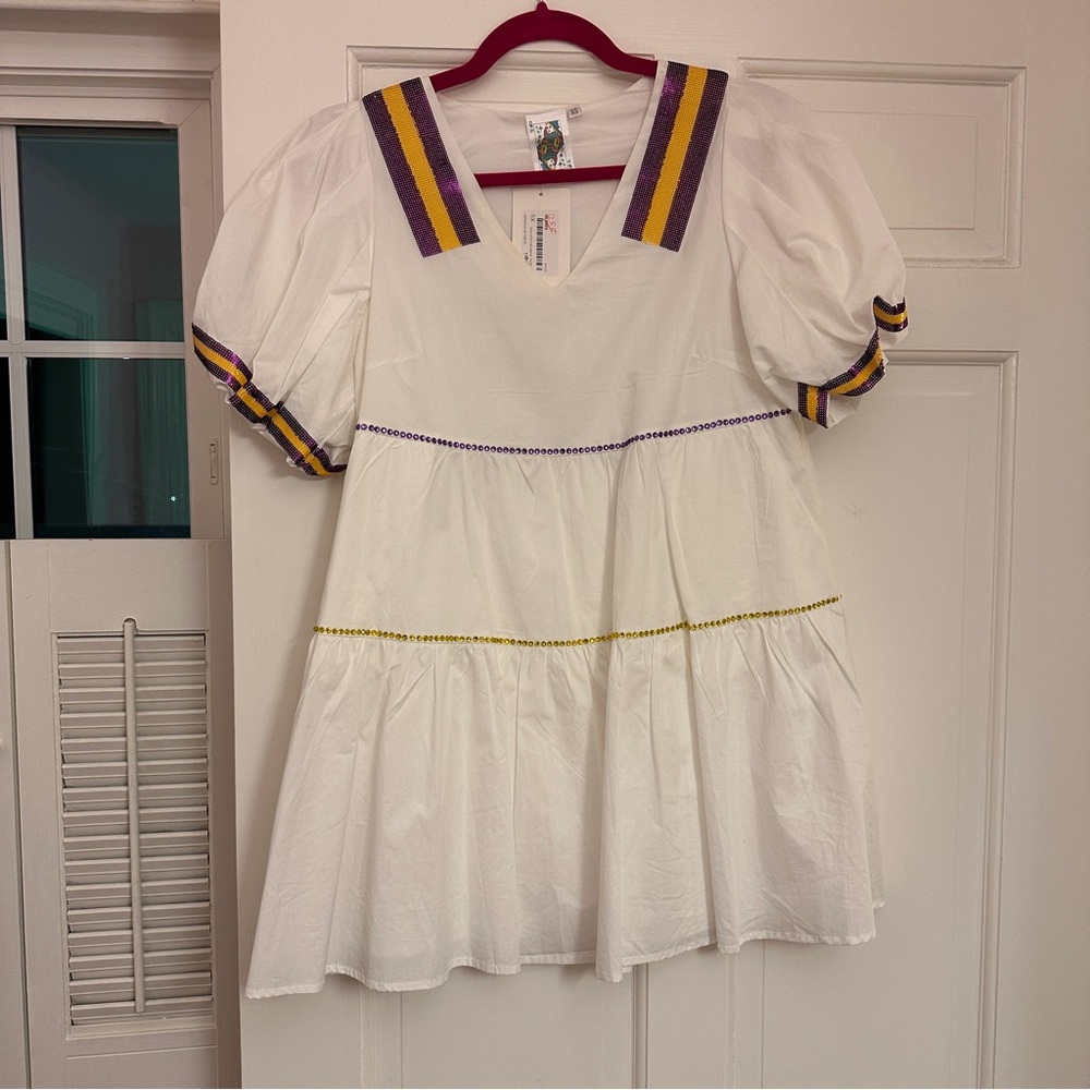 Boohoo White Dress with Purple and Yellow Stripes